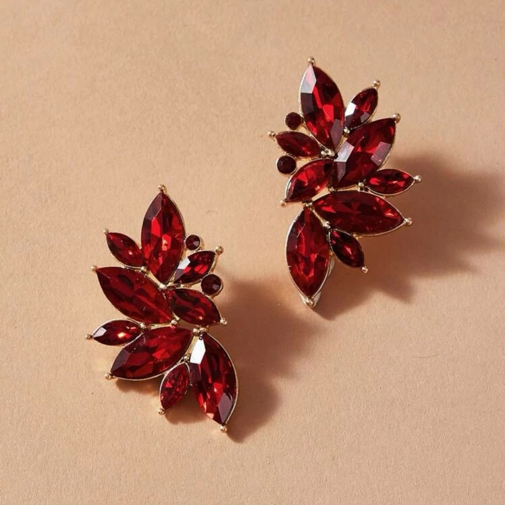 1 Pair Red Gemstone Decor Stud Gold Earrings New